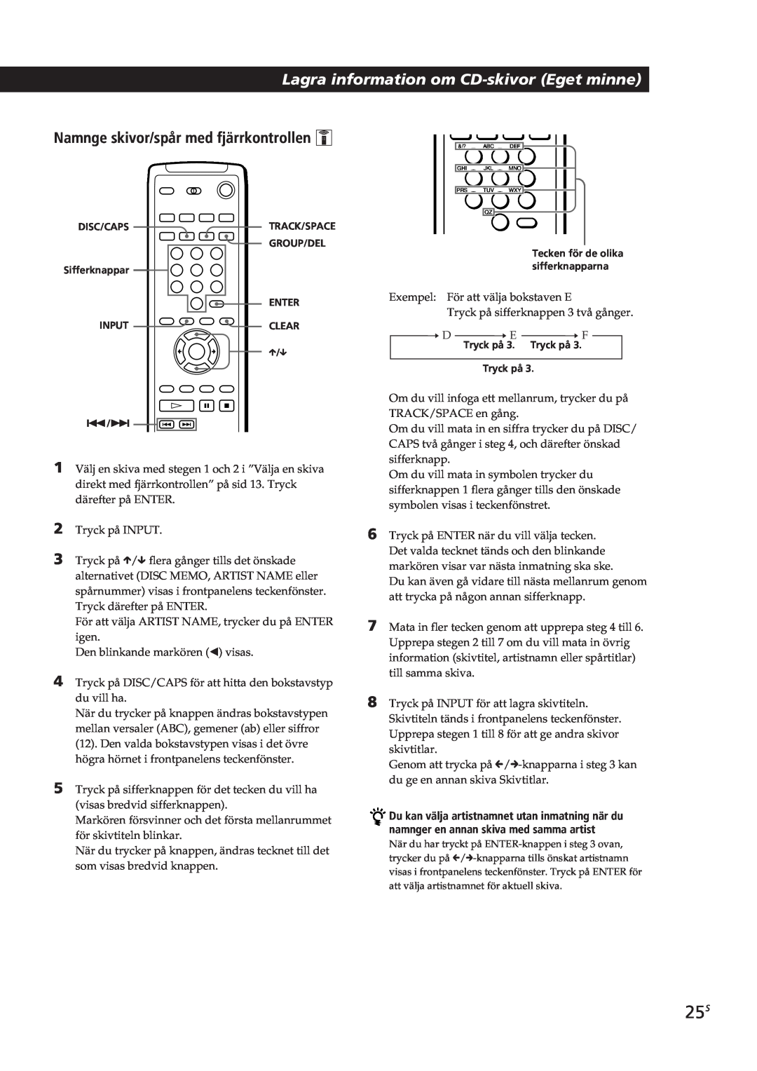 Sony CDP-CX90ES, CDP-CX270 manual Lagra information om CD-skivorEget minne, Namnge skivor/spår med fjärrkontrollen Z 
