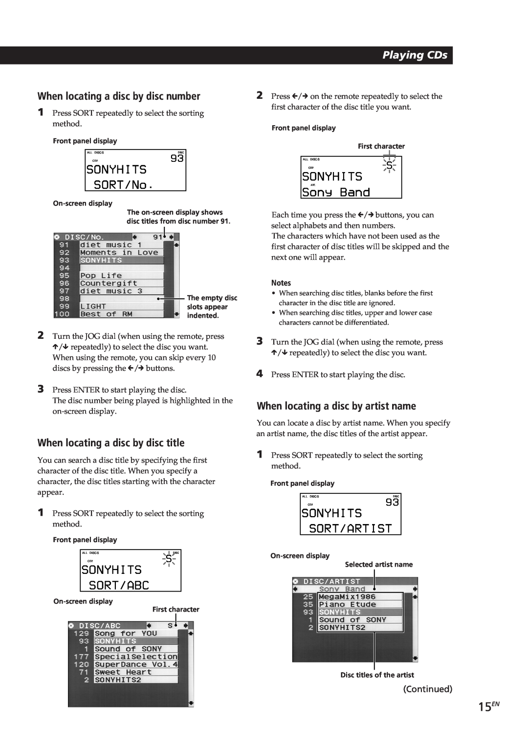 Sony CDP-CX270 manual 15EN, Sonyhits Sort/Abc, Sony Band, SORT/No, Sonyhits Sort/Artist, Playing CDs, Continued, Notes 