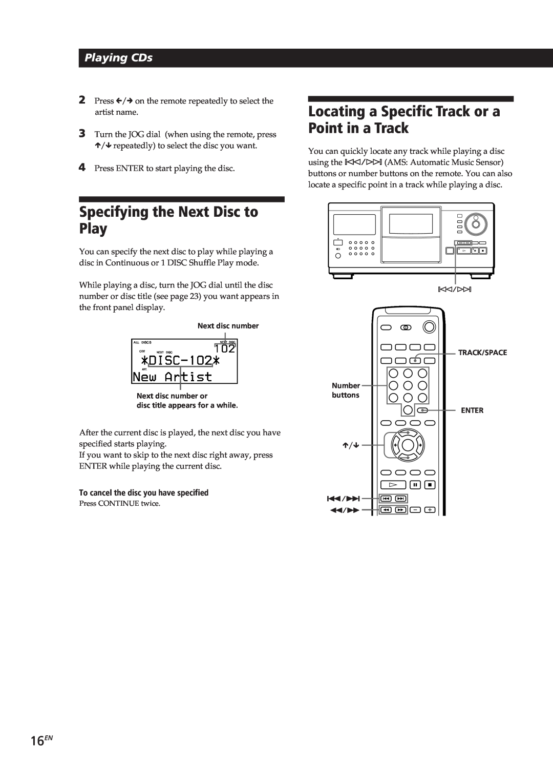 Sony CDP-CX90ES manual Specifying the Next Disc to Play, Locating a Specific Track or a Point in a Track, 16EN, DISC-1O2 