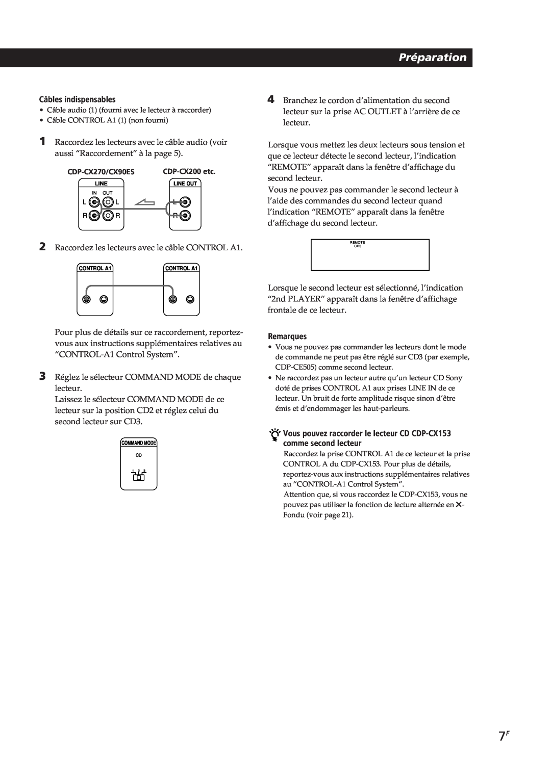 Sony CDP-CX90ES, CDP-CX270 manual Préparation, Câbles indispensables, Remarques 