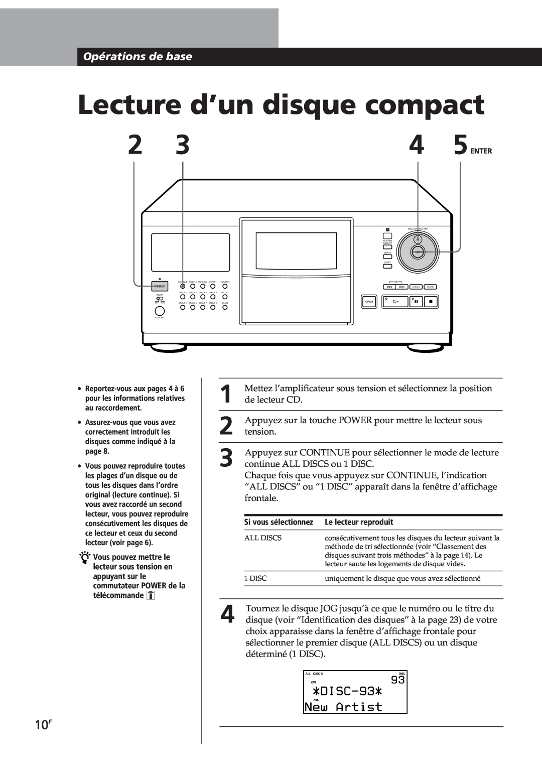 Sony CDP-CX270, CDP-CX90ES manual Lecture d’un disque compact, DISC-93, New Artist, Opérations de base 