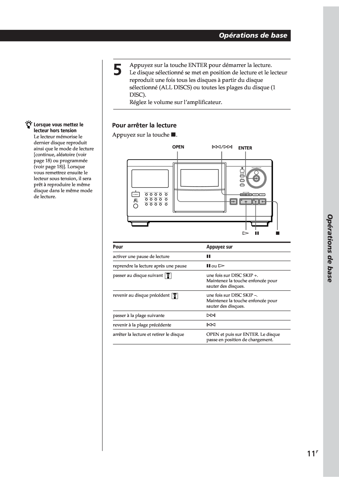 Sony CDP-CX90ES, CDP-CX270 manual Opérations de base, Pour arrêter la lecture, Appuyez sur, Open, ± Enter 