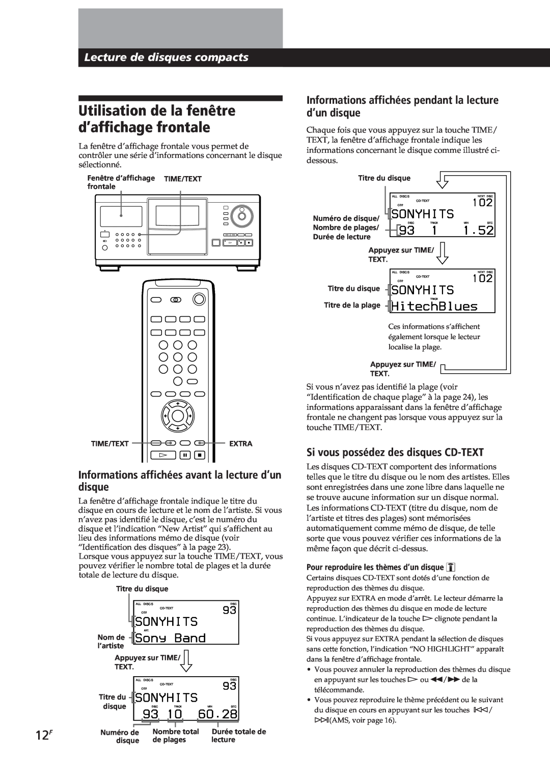 Sony CDP-CX270, CDP-CX90ES manual Utilisation de la fenêtre d’affichage frontale 
