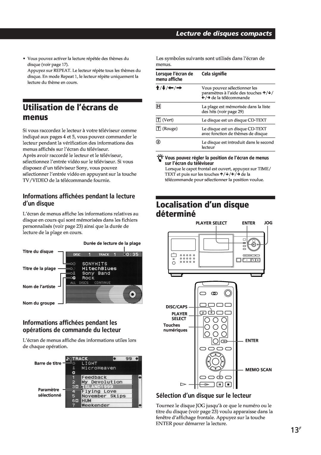 Sony CDP-CX90ES manual Utilisation de l’écrans de menus, Localisation d’un disque déterminé, Lecture de disques compacts 