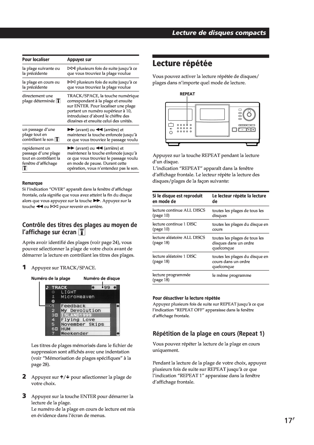 Sony CDP-CX90ES manual Lecture répétée, Lecture de disques compacts, Répétition de la plage en cours Repeat, Pour localiser 