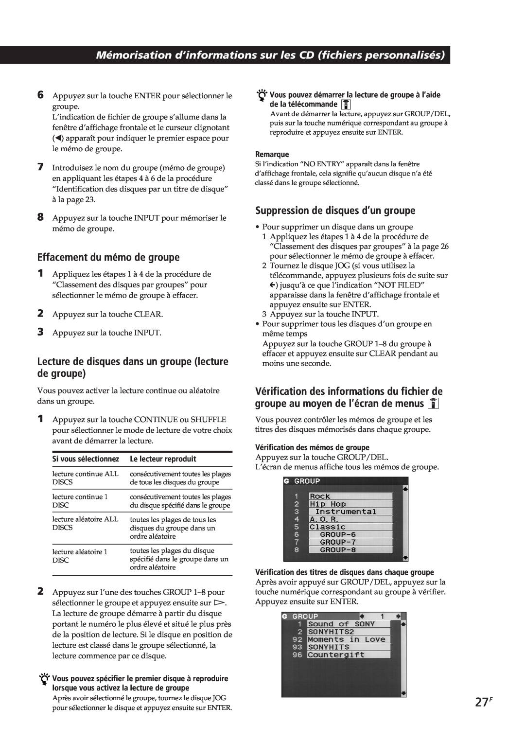 Sony CDP-CX90ES manual Effacement du mémo de groupe, Suppression de disques d’un groupe, Remarque, Si vous sélectionnez 