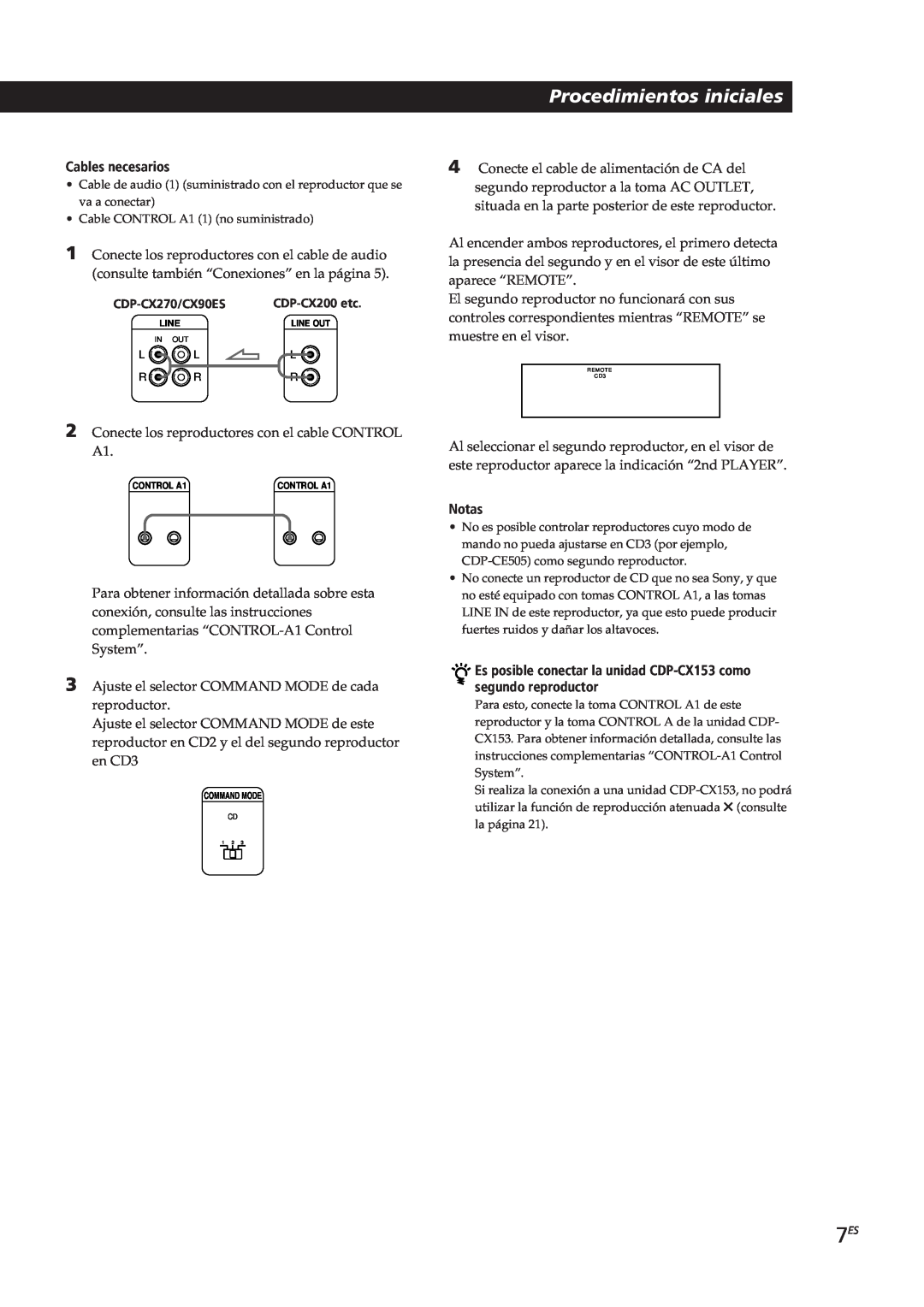Sony CDP-CX270, CDP-CX90ES manual Procedimientos iniciales, Cables necesarios, Notas 