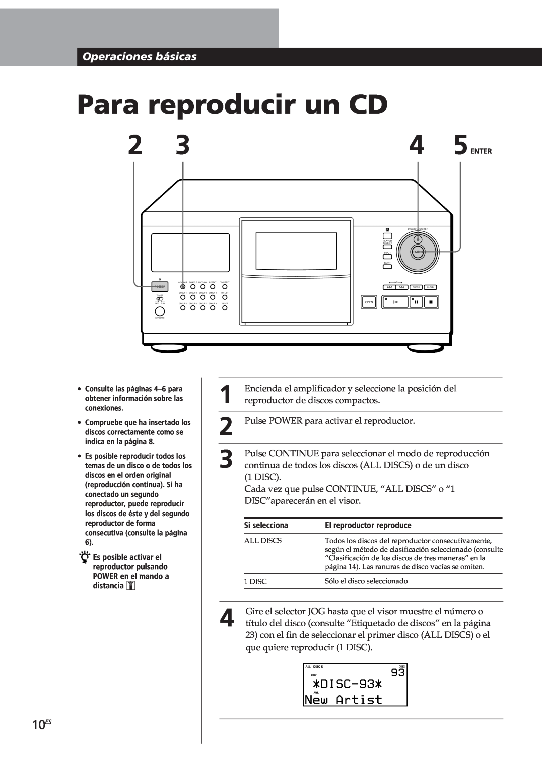 Sony CDP-CX90ES, CDP-CX270 manual Para reproducir un CD, 10ES, DISC-93, Artist, Operaciones básicas 