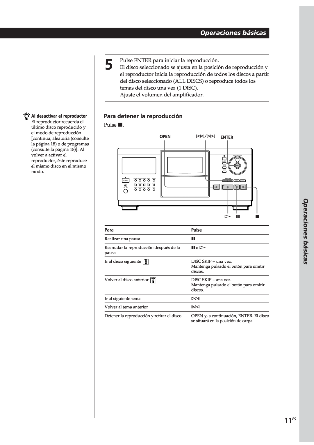 Sony CDP-CX270 11ES, Operaciones básicas, Para detener la reproducción, Al desactivar el reproductor, Pulse, Open, ± Enter 