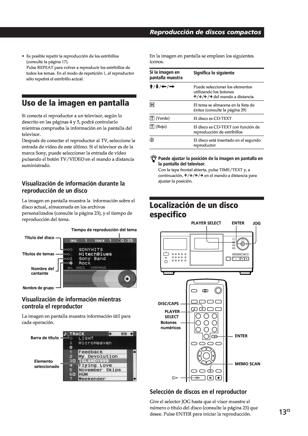 Sony CDP-CX270 Uso de la imagen en pantalla, Localización de un disco específico, Reproducción de discos compactos, 13ES 