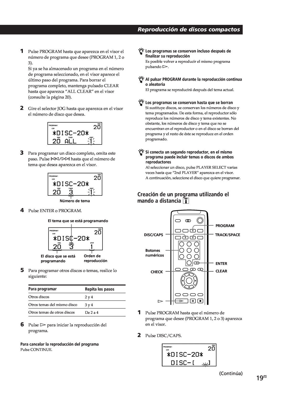 Sony CDP-CX270, CDP-CX90ES manual 19ES, Para programar, Repita los pasos, Para cancelar la reproducción del programa 