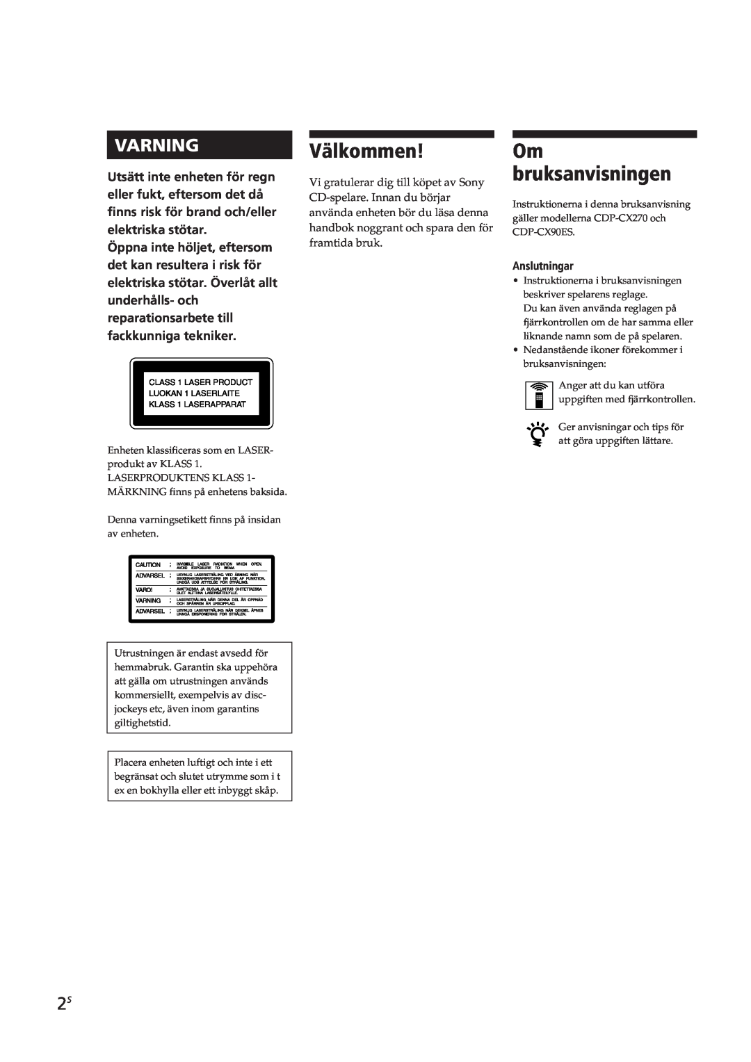 Sony CDP-CX270, CDP-CX90ES manual Välkommen, Om bruksanvisningen, Varning 