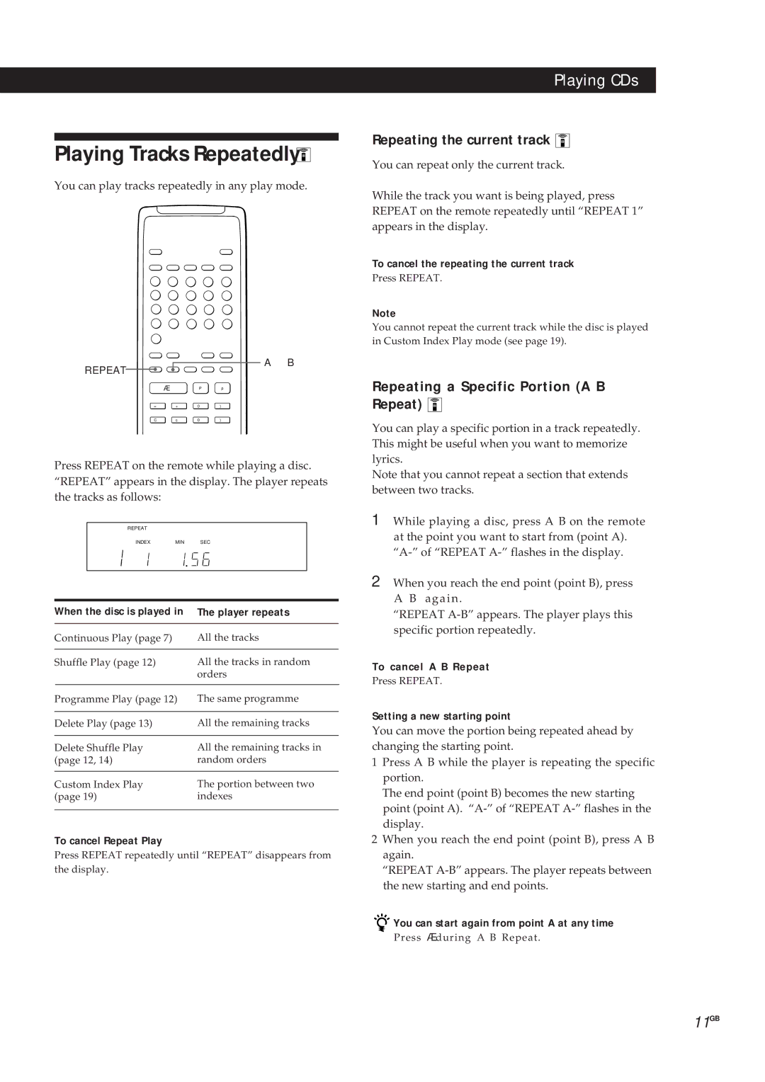 Sony CDP-X5000 manual Playing Tracks Repeatedly, Repeating the current track, Repeating a Specific Portion A˜B 