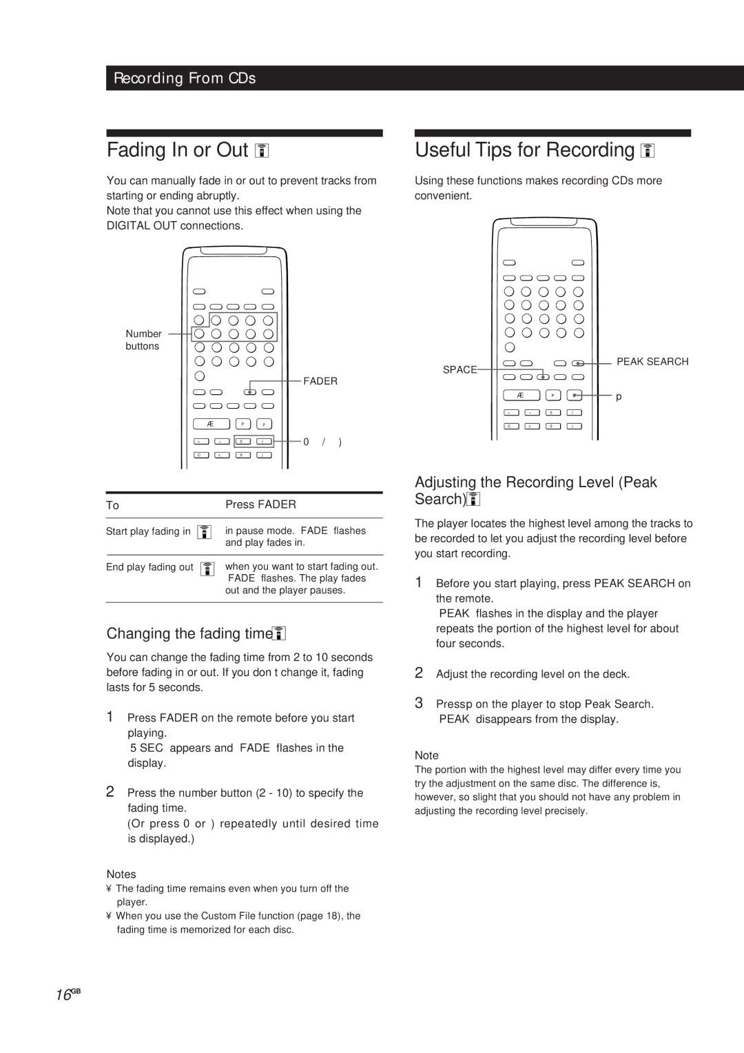 Sony CDP-X5000 manual Fading In or Out, Useful Tips for Recording, Changing the fading time, Press Fader 