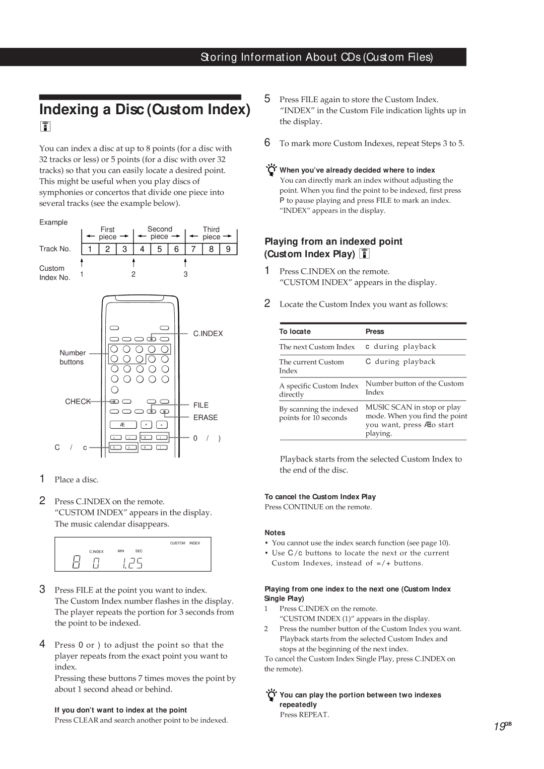 Sony CDP-X5000 Indexing a Disc Custom Index, When you’ve already decided where to index, To cancel the Custom Index Play 