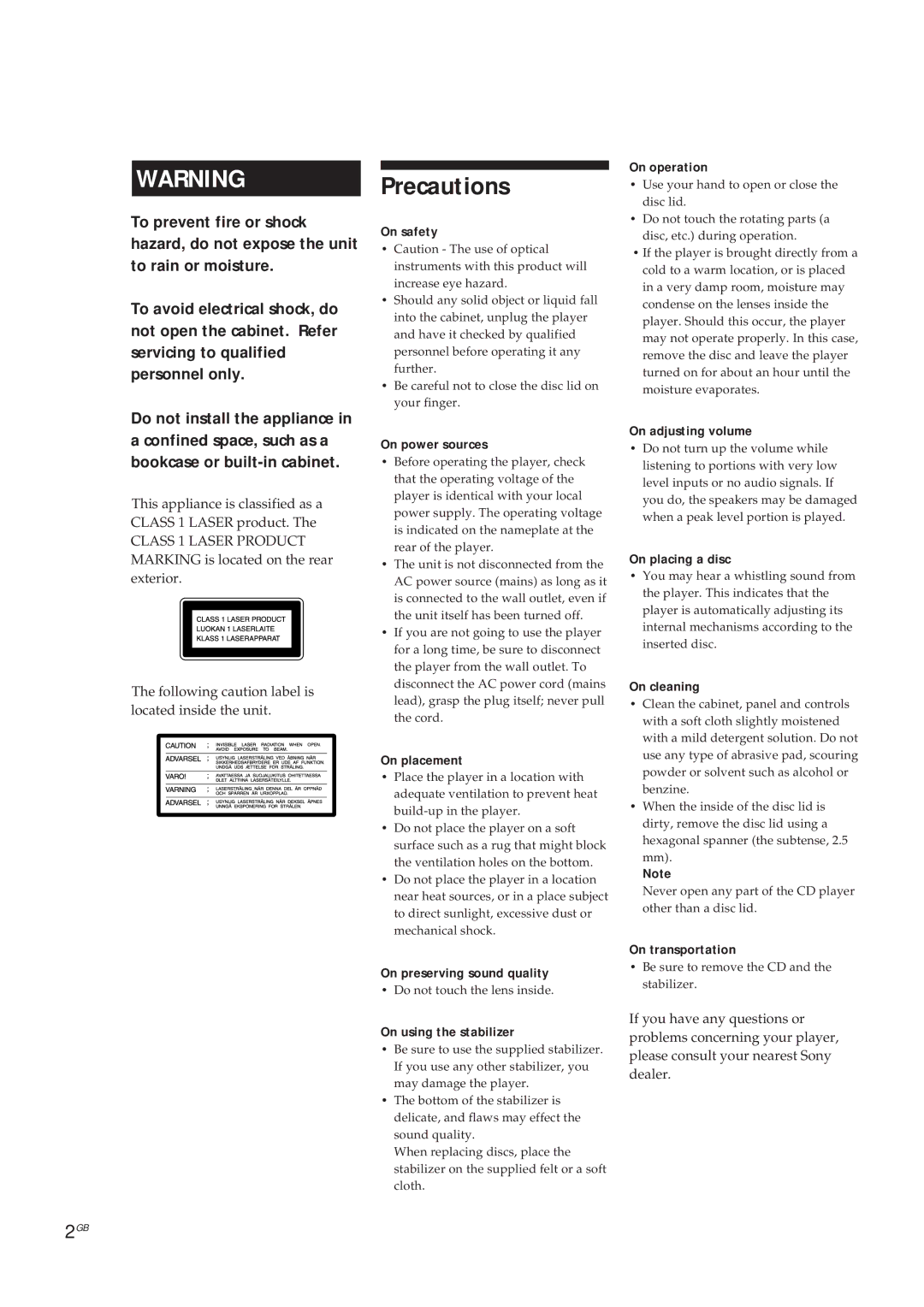 Sony CDP-X5000 manual Precautions 