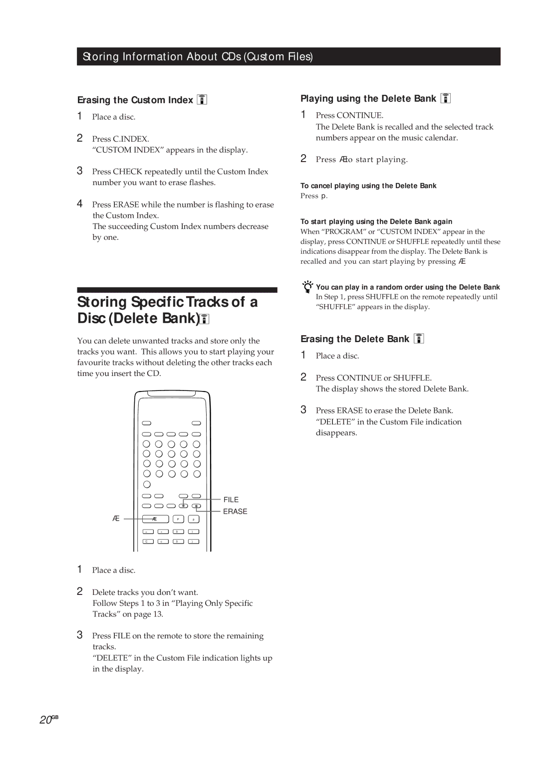Sony CDP-X5000 Storing Specific Tracks of a Disc Delete Bank, Erasing the Custom Index, Playing using the Delete Bank 