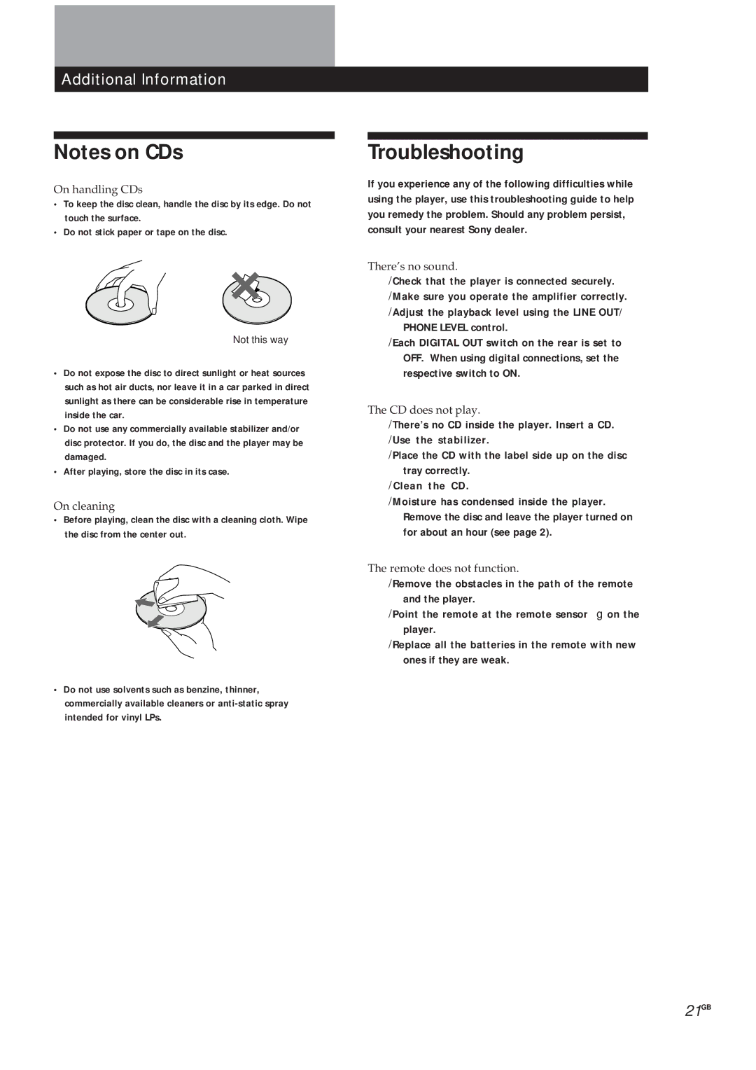 Sony CDP-X5000 manual Troubleshooting, Additional Information 