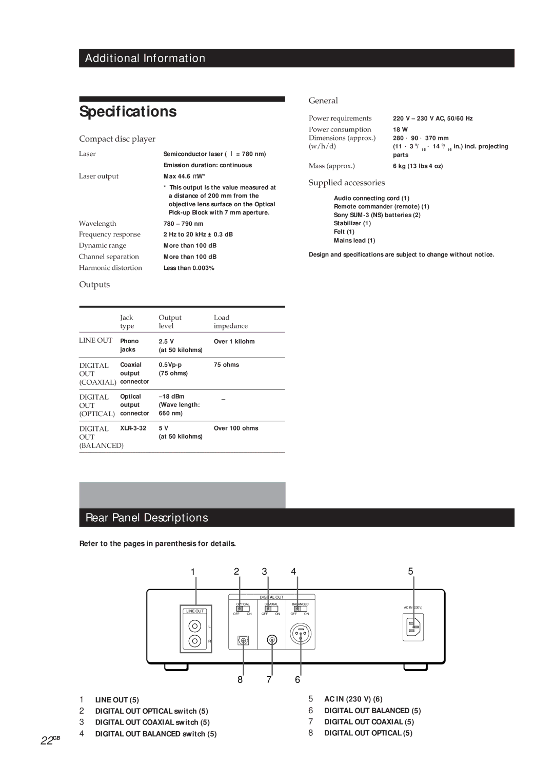 Sony CDP-X5000 manual Specifications, Rear Panel Descriptions 