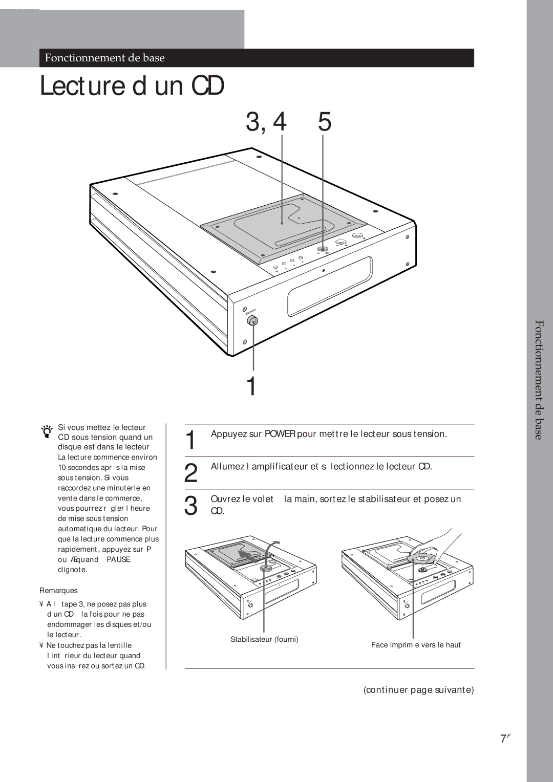 Sony CDP-X5000 manual Fonctionnement de base, Remarques, Stabilisateur fourni Face imprimée vers le haut 