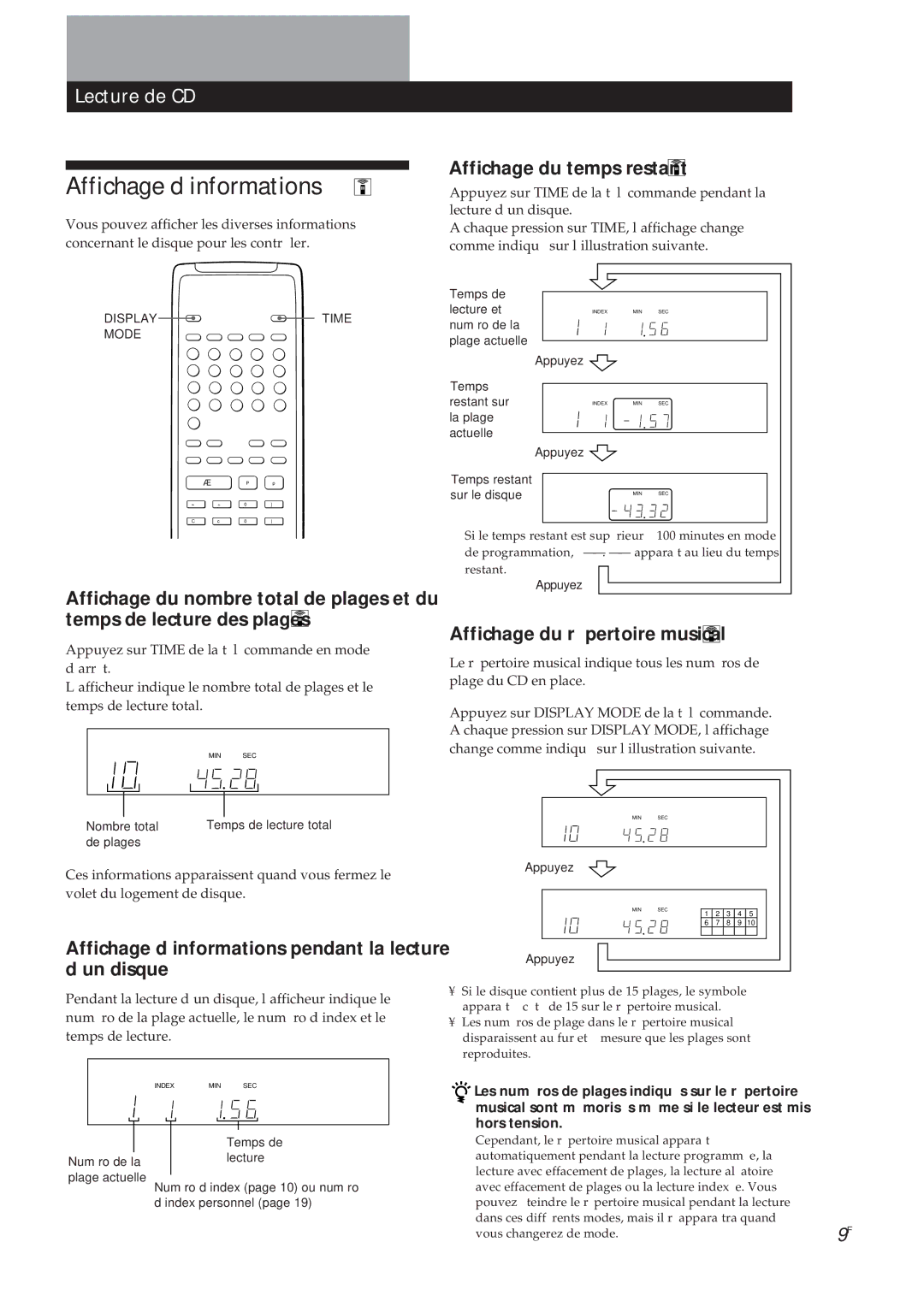 Sony CDP-X5000 manual Affichage d’informations, Lecture de CD, Affichage du temps restant, Affichage du répertoire musical 