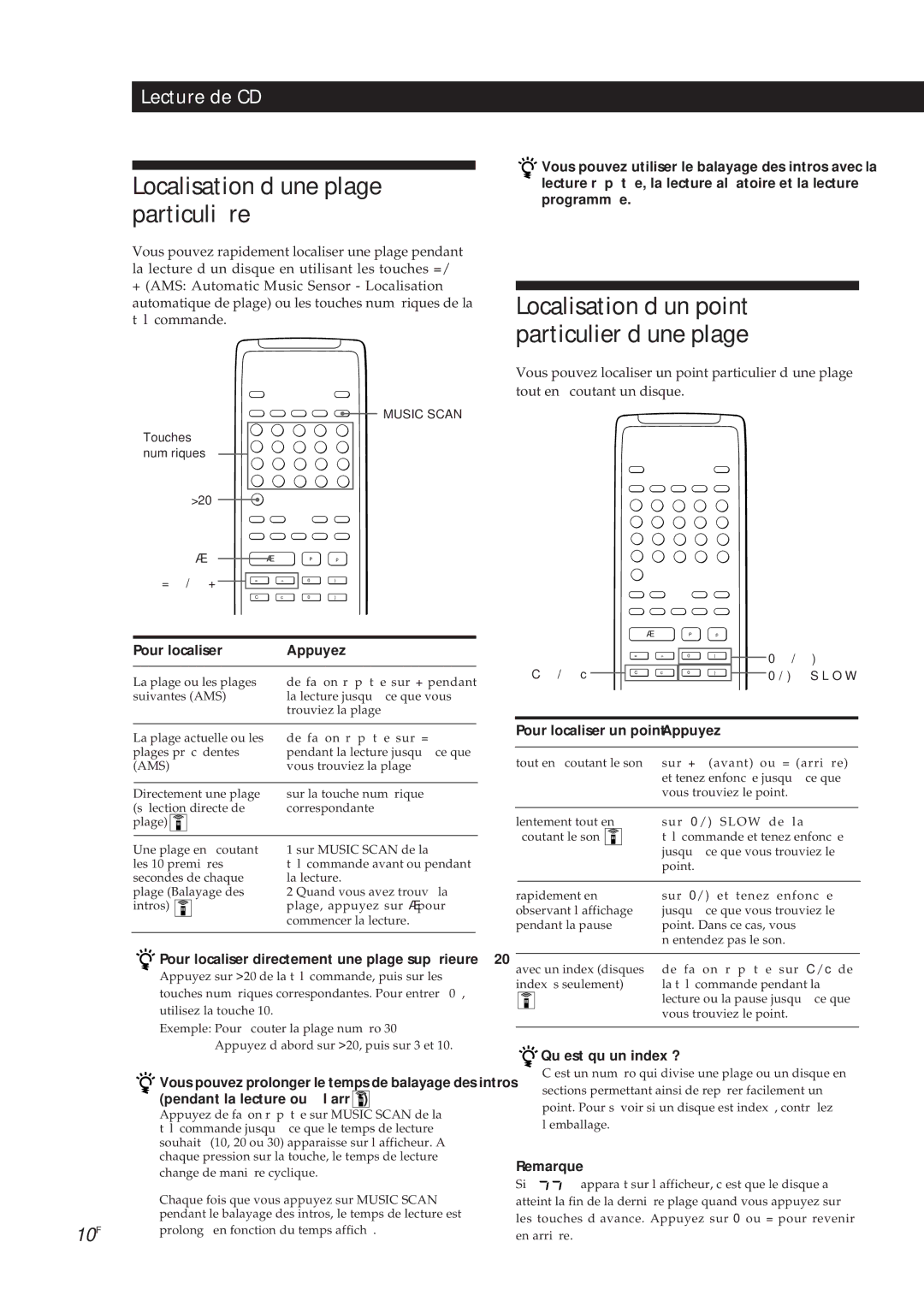 Sony CDP-X5000 manual Localisation d’une plage particulière, Pour localiser Appuyez, Pendant la lecture ou à l’arrêt 