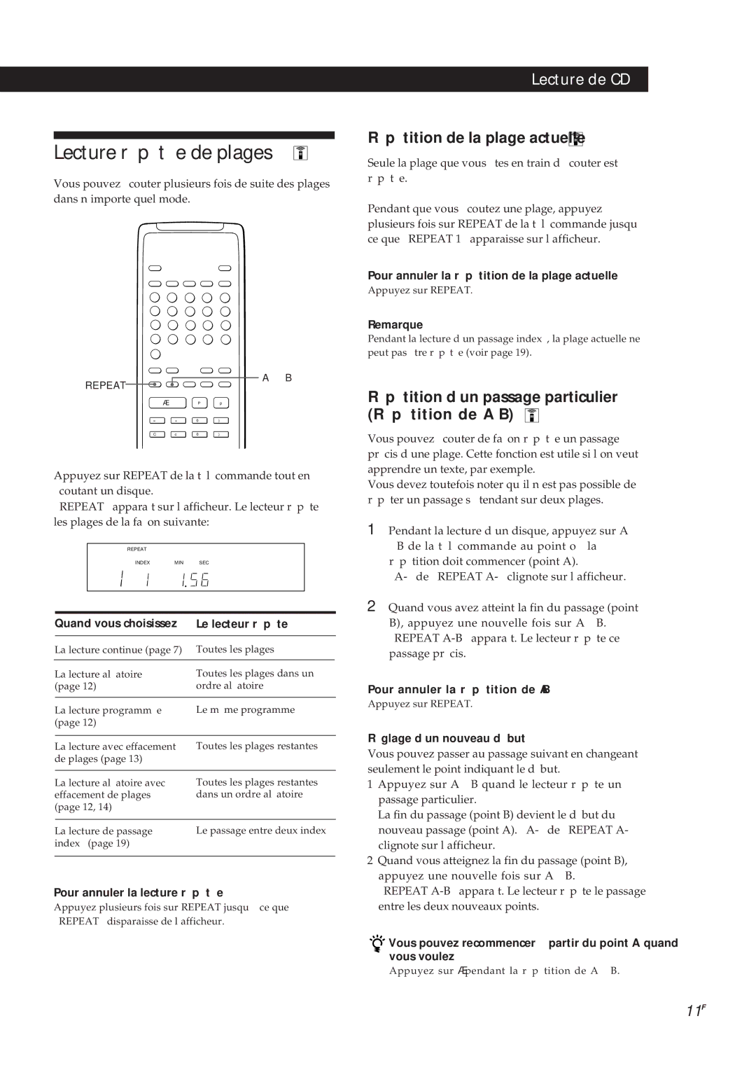 Sony CDP-X5000 manual Lecture répétée de plages, Répétition de la plage actuelle 