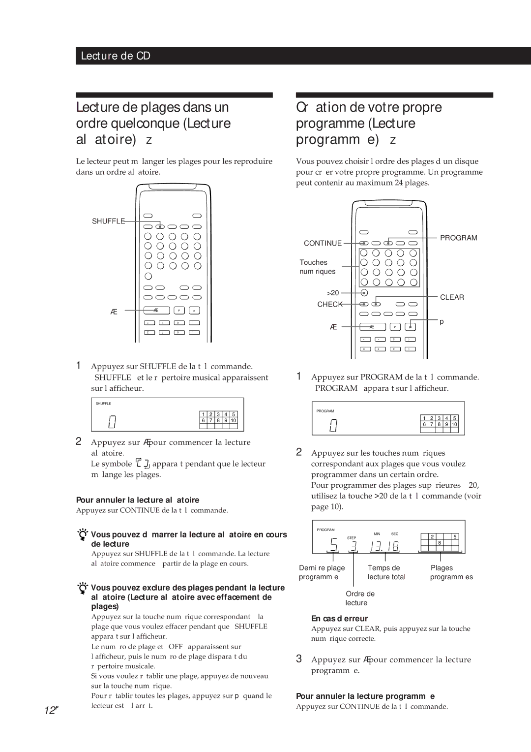 Sony CDP-X5000 Pour annuler la lecture aléatoire, En cas d’erreur, Pour annuler la lecture programmée, Ordre de lecture 