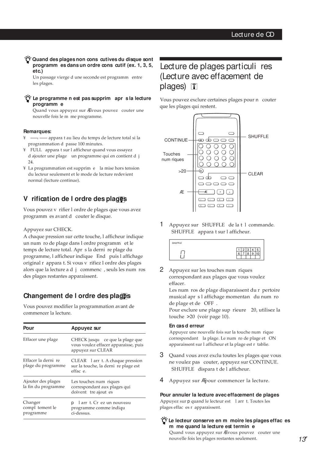 Sony CDP-X5000 Vérification de l’ordre des plages, Changement de l’ordre des plages, Pour Appuyez sur, Touches numériques 