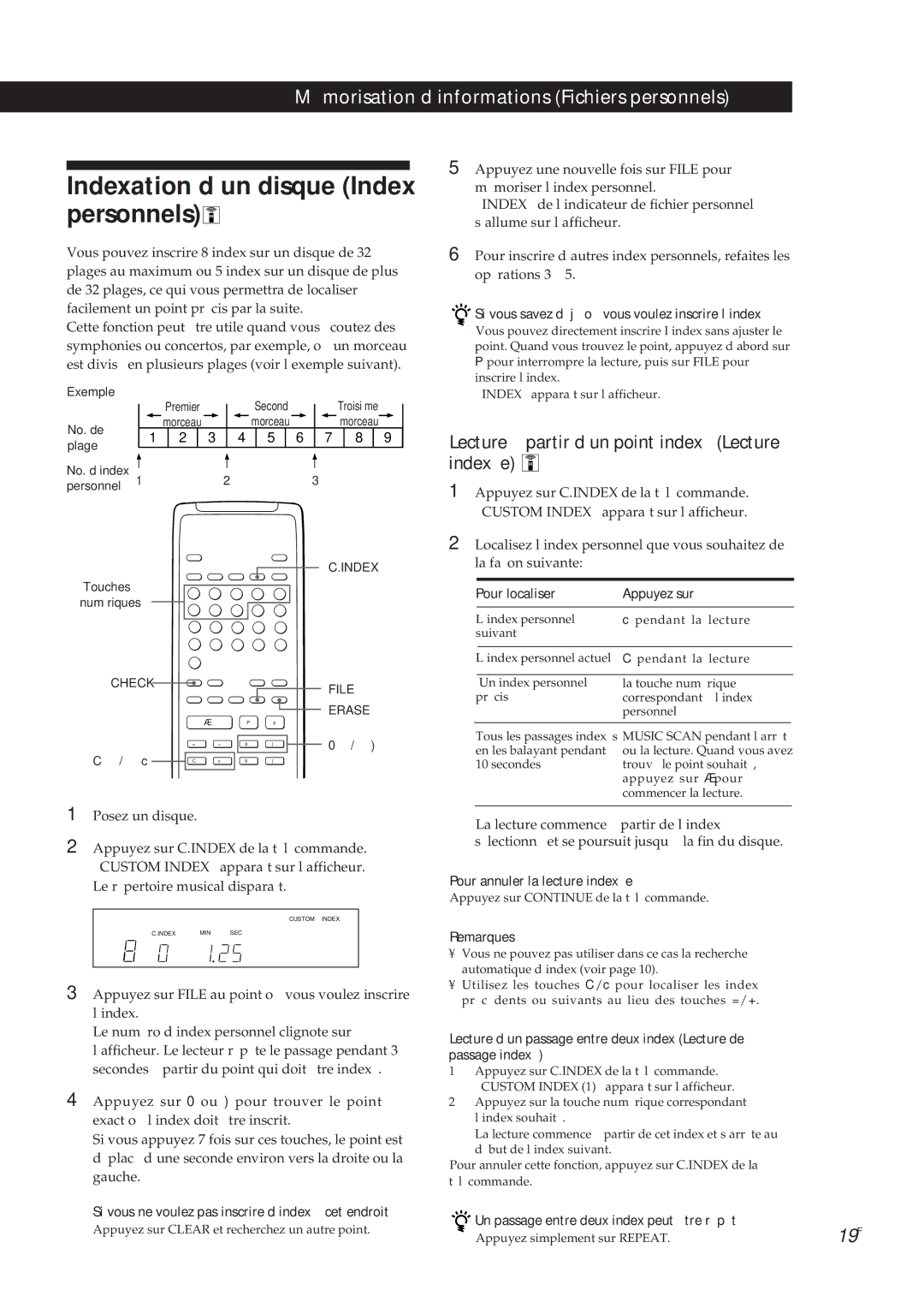 Sony CDP-X5000 manual Indexation d’un disque Index personnels, Lecture à partir d’un point indexé Lecture indexée 