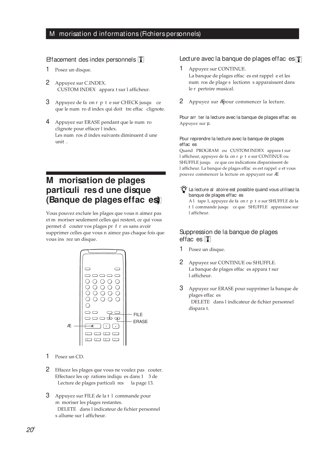 Sony CDP-X5000 manual Effacement des index personnels, Lecture avec la banque de plages effacées 