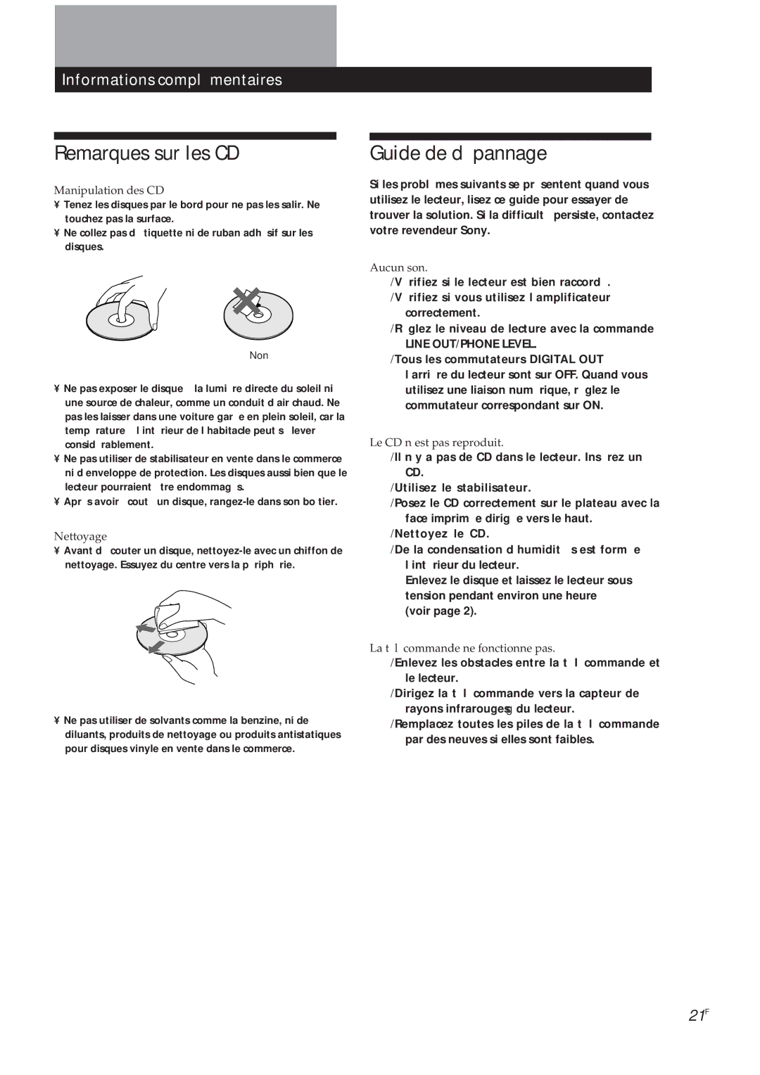 Sony CDP-X5000 manual Remarques sur les CD, Guide de dépannage, Informations complémentaires 