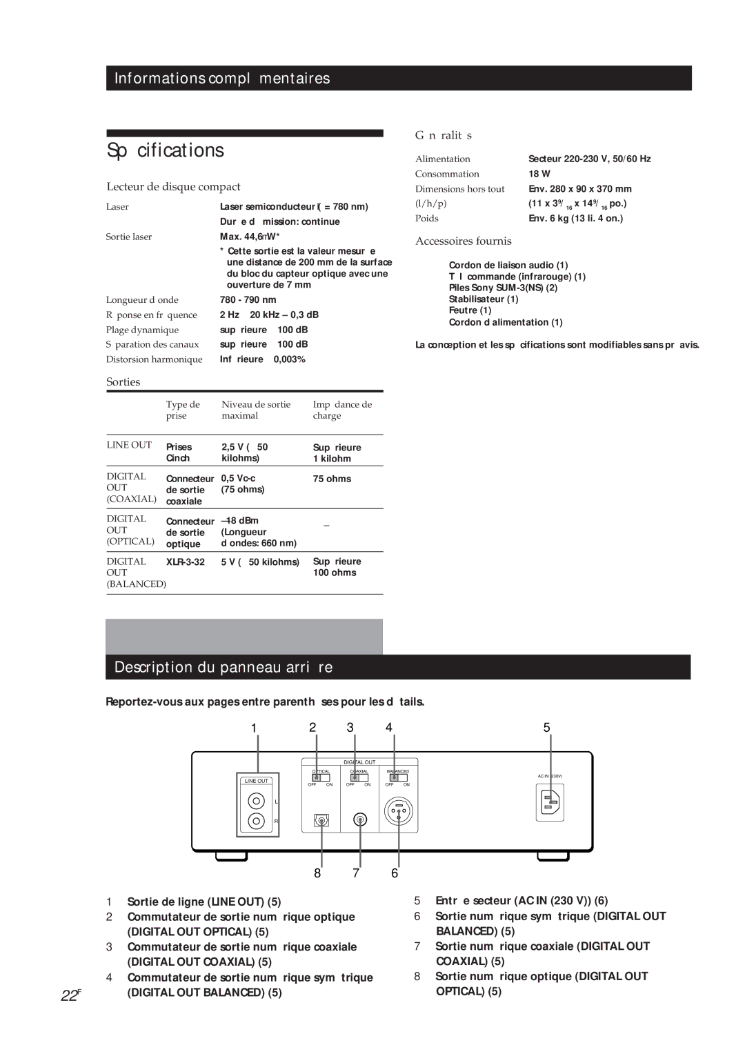 Sony CDP-X5000 manual Spécifications, Description du panneau arrière 