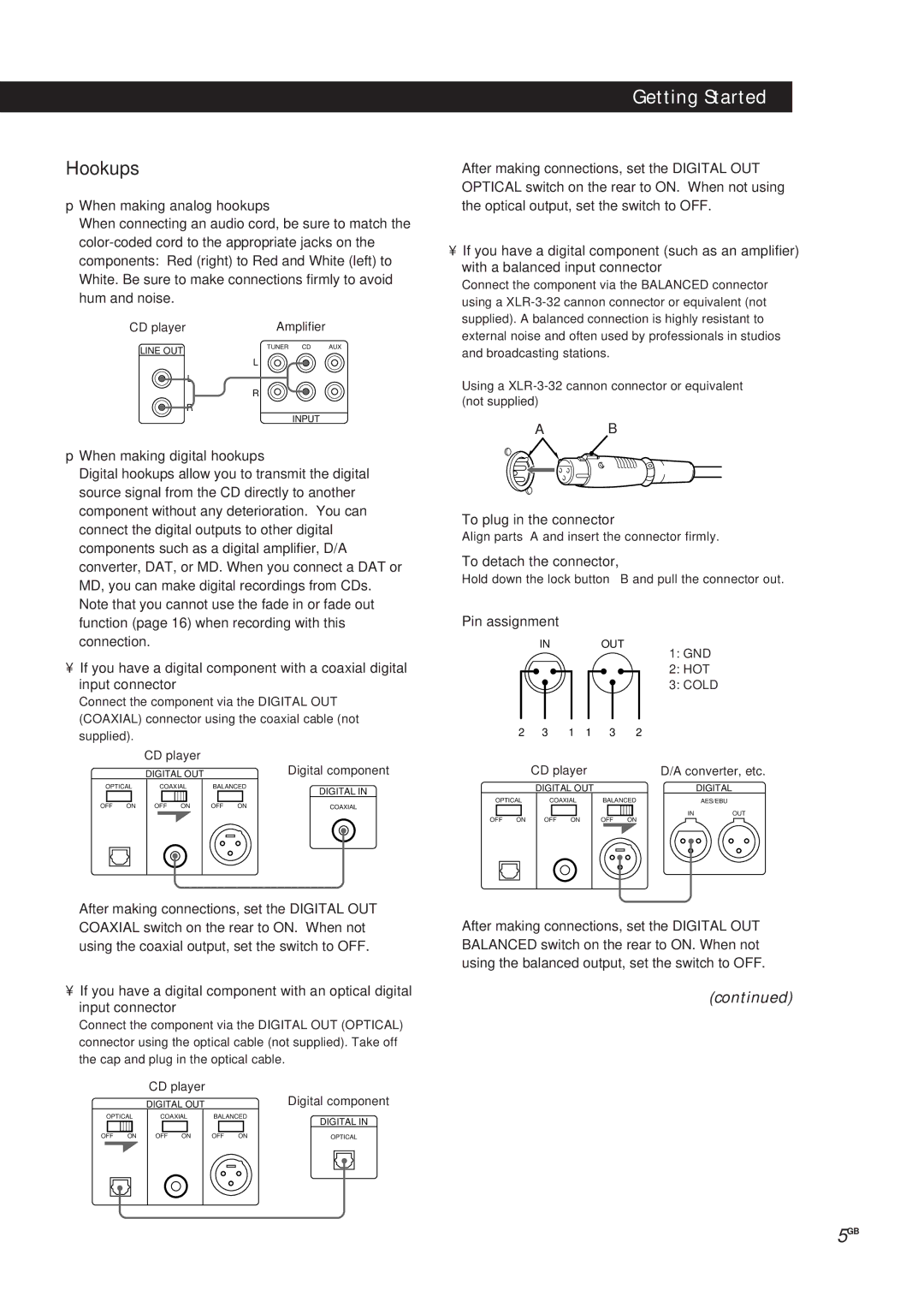 Sony CDP-X5000 manual Hookups, To plug in the connector, To detach the connector, Pin assignment 