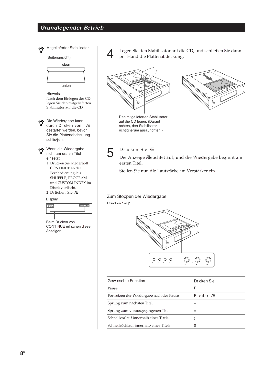 Sony CDP-X5000 manual Gewünschte Funktion Drücken Sie, Beim Drücken von Continue erlöschen diese Anzeigen 