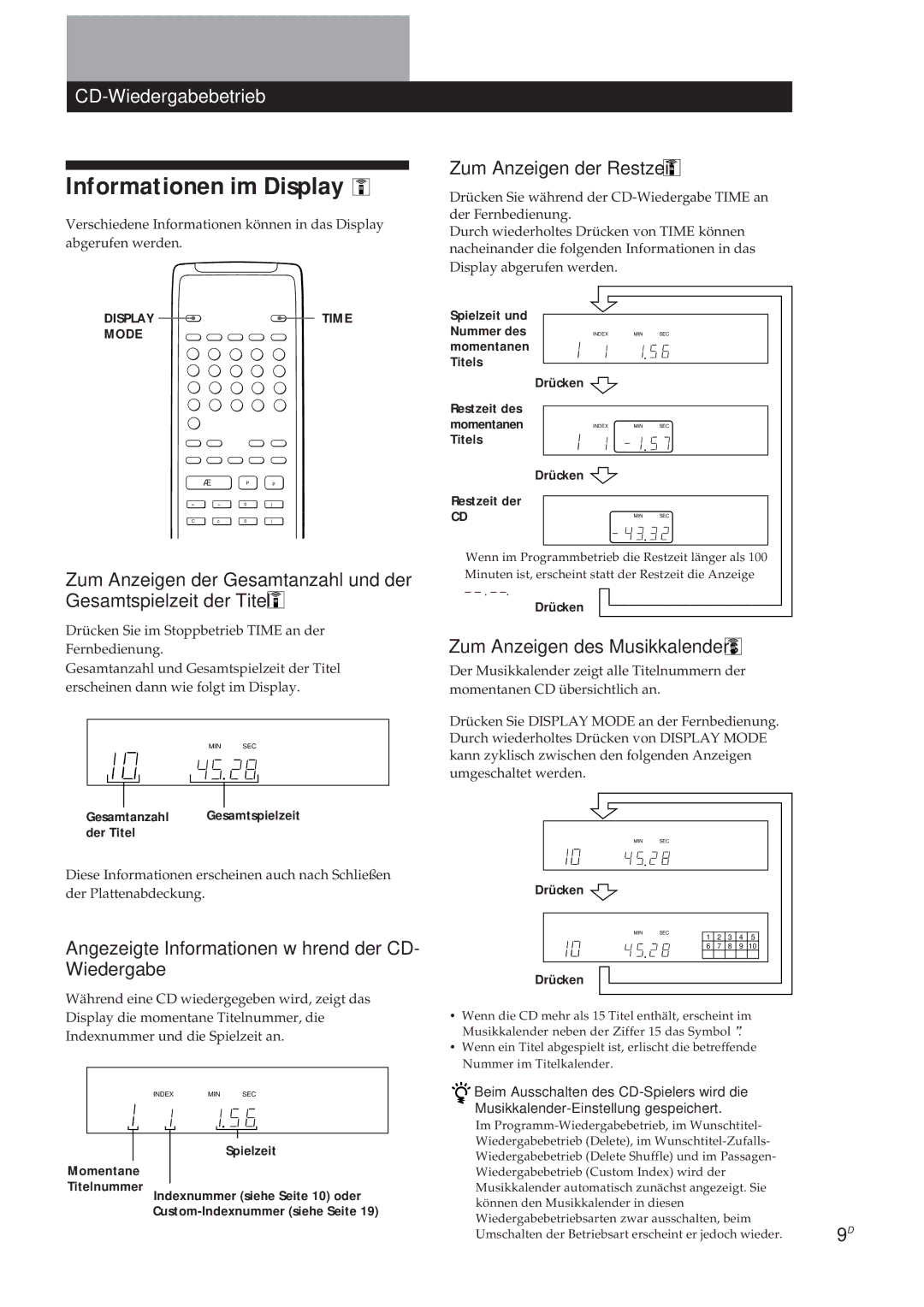 Sony CDP-X5000 Informationen im Display, CD-Wiedergabebetrieb, Zum Anzeigen der Restzeit, Zum Anzeigen des Musikkalenders 