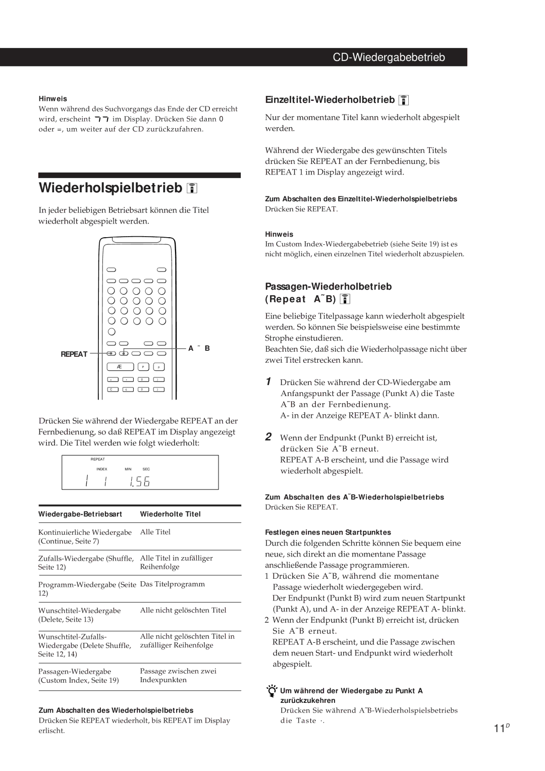 Sony CDP-X5000 manual Wiederholspielbetrieb, Einzeltitel-Wiederholbetrieb, Passagen-Wiederholbetrieb Repeat A˜B 