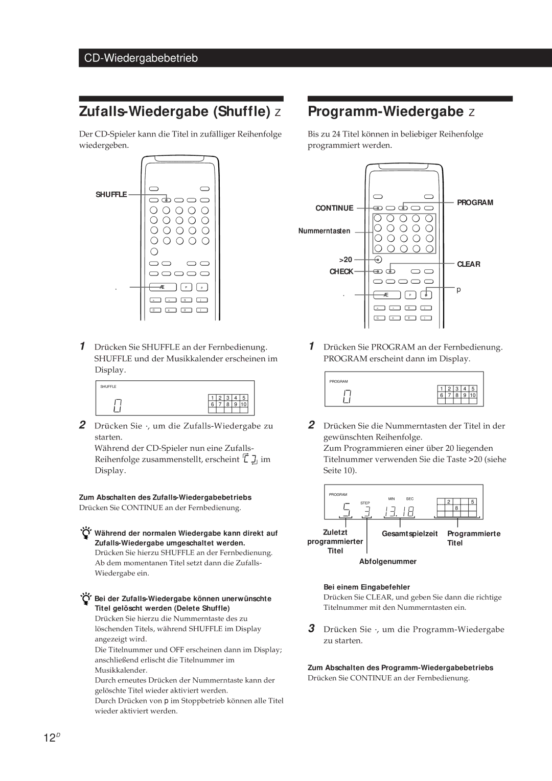 Sony CDP-X5000 manual Zufalls-Wiedergabe Shuffle Z Programm-Wiedergabe Z, Zum Abschalten des Zufalls-Wiedergabebetriebs 