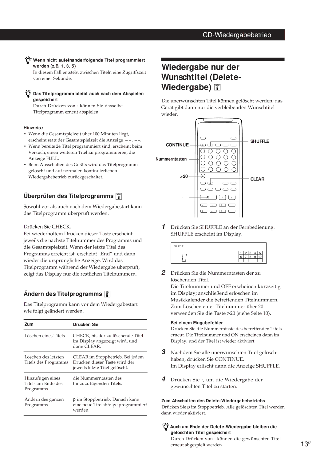 Sony CDP-X5000 manual Wiedergabe nur der Wunschtitel Delete, Überprüfen des Titelprogramms, Ändern des Titelprogramms 