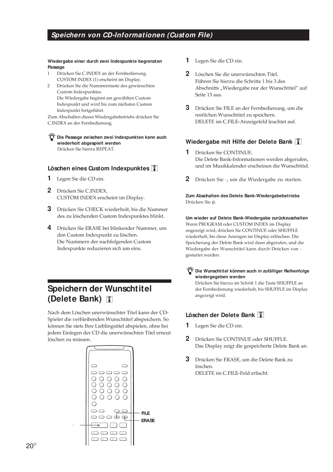Sony CDP-X5000 manual Löschen eines Custom Indexpunktes, Wiedergabe mit Hilfe der Delete Bank, Löschen der Delete Bank 