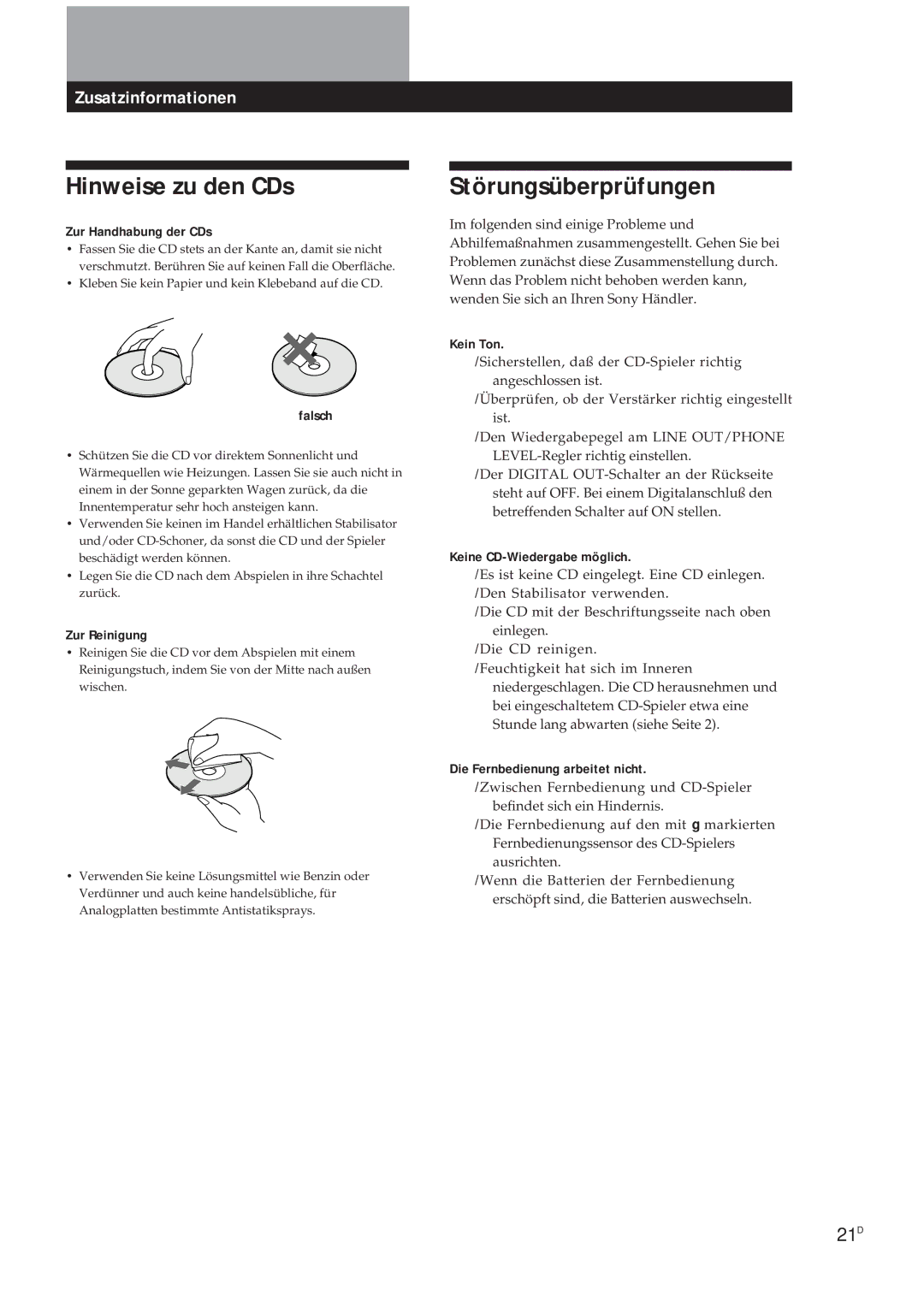 Sony CDP-X5000 manual Hinweise zu den CDs, Störungsüberprüfungen, Zusatzinformationen 
