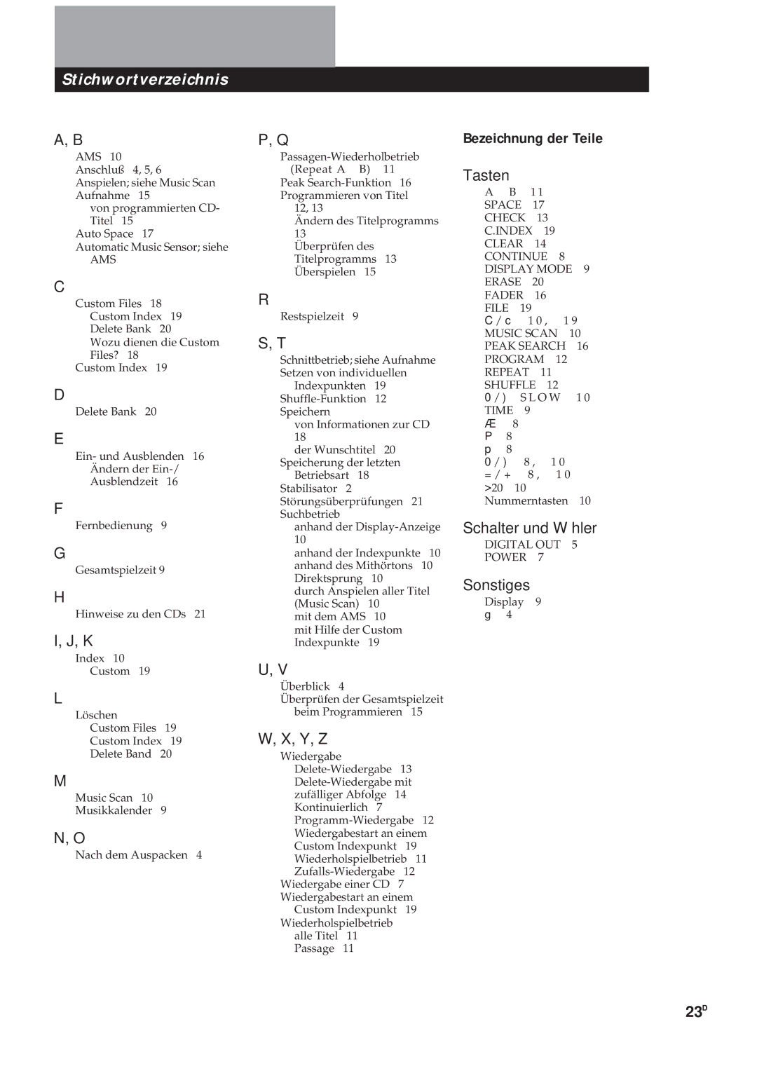 Sony CDP-X5000 manual Stichwortverzeichnis, Y, Z, Bezeichnung der Teile Tasten, Schalter und Wähler, Sonstiges 