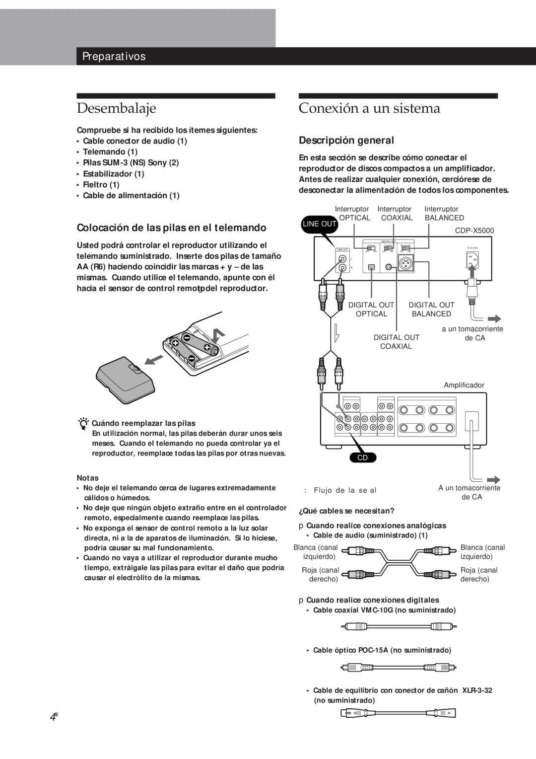 Sony CDP-X5000 manual Desembalaje, Conexión a un sistema, Preparativos, Colocación de las pilas en el telemando 