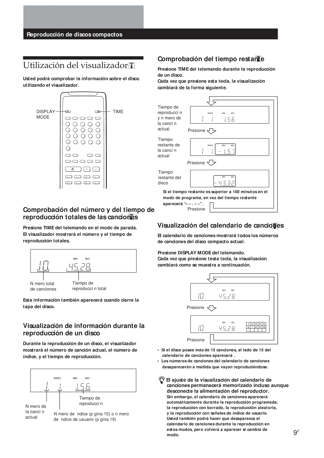 Sony CDP-X5000 manual Utilización del visualizador, Reproducción de discos compactos, Comprobación del tiempo restante 