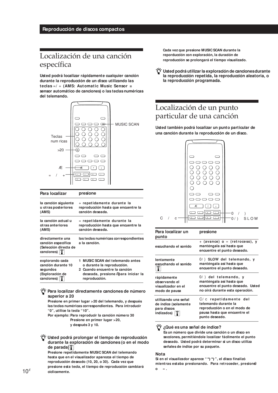 Sony CDP-X5000 manual Localización de una canción específica, Para localizar Presione, Para localizar un Presione Punto 