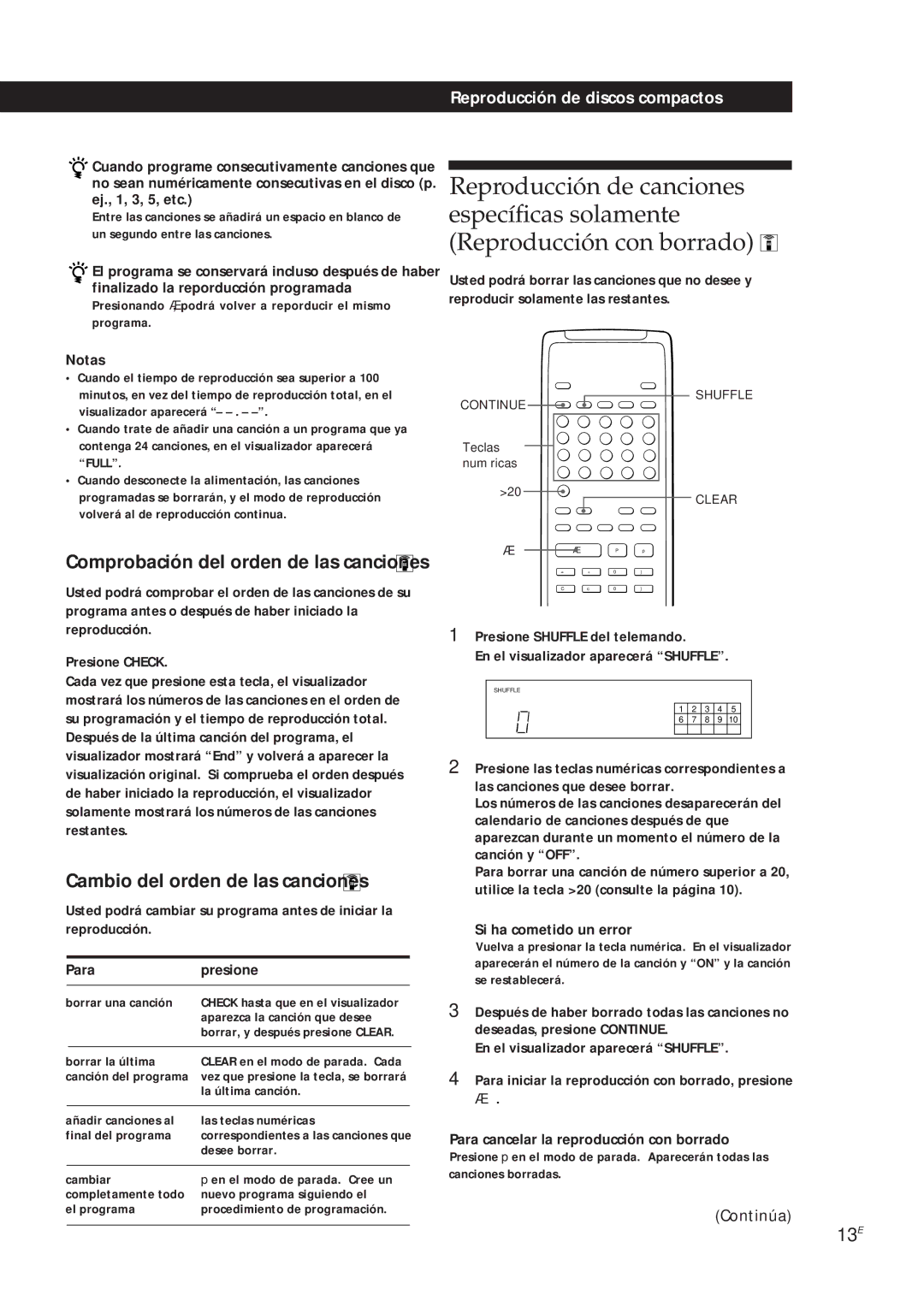 Sony CDP-X5000 manual Cambio del orden de las canciones, Para Presione, Para cancelar la reproducción con borrado 