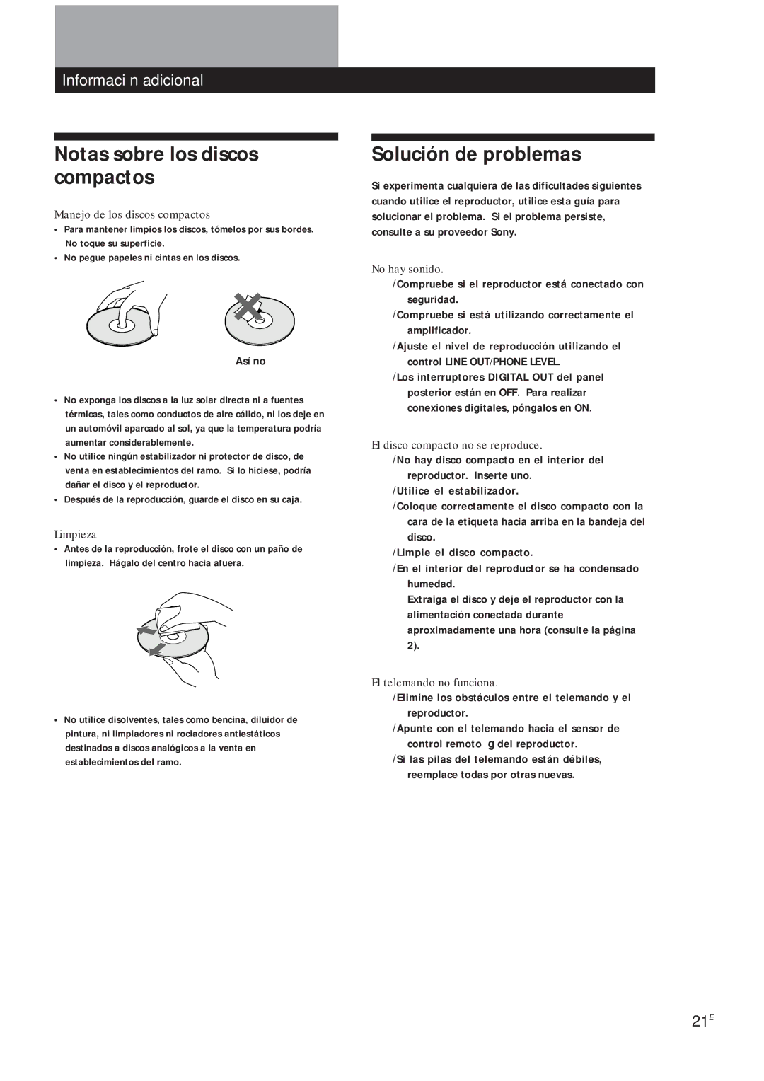 Sony CDP-X5000 manual Notas sobre los discos compactos, Solución de problemas, Información adicional 