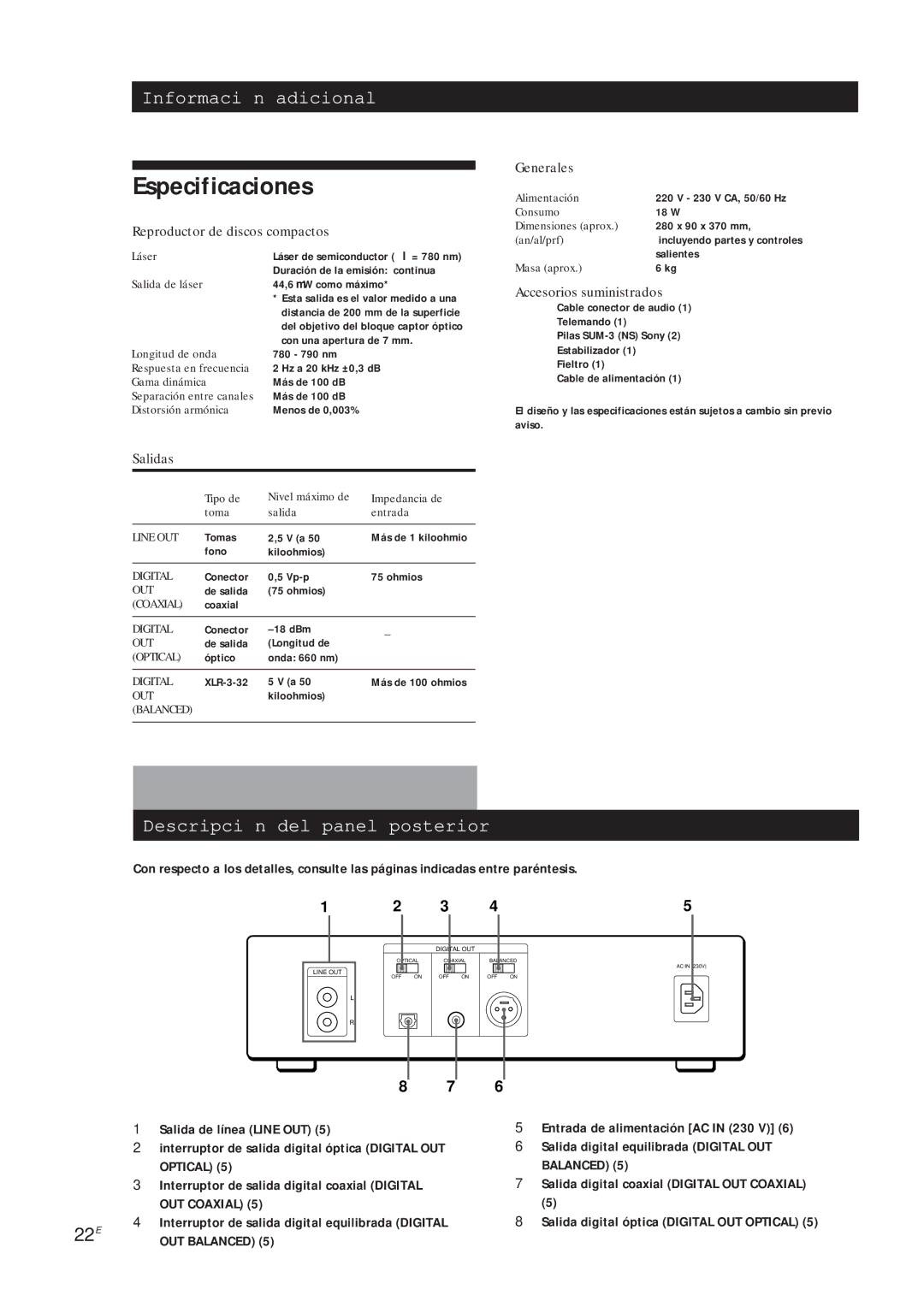 Sony CDP-X5000 manual Especificaciones, Descripción del panel posterior 