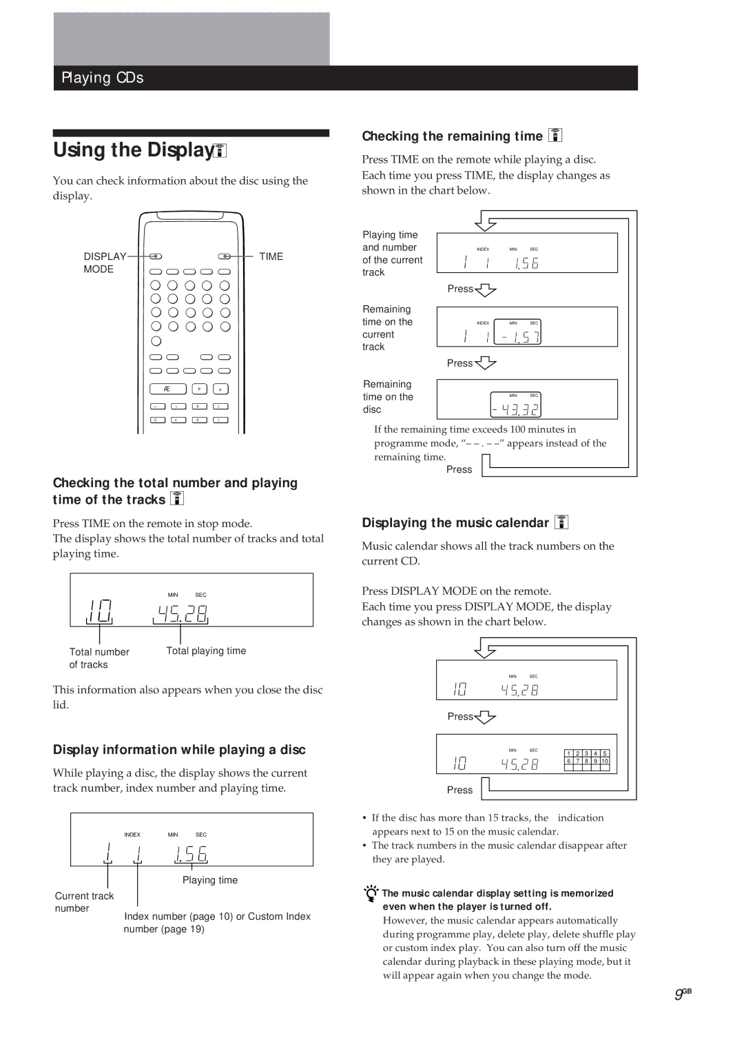 Sony CDP-X5000 manual Using the Display, Playing CDs 