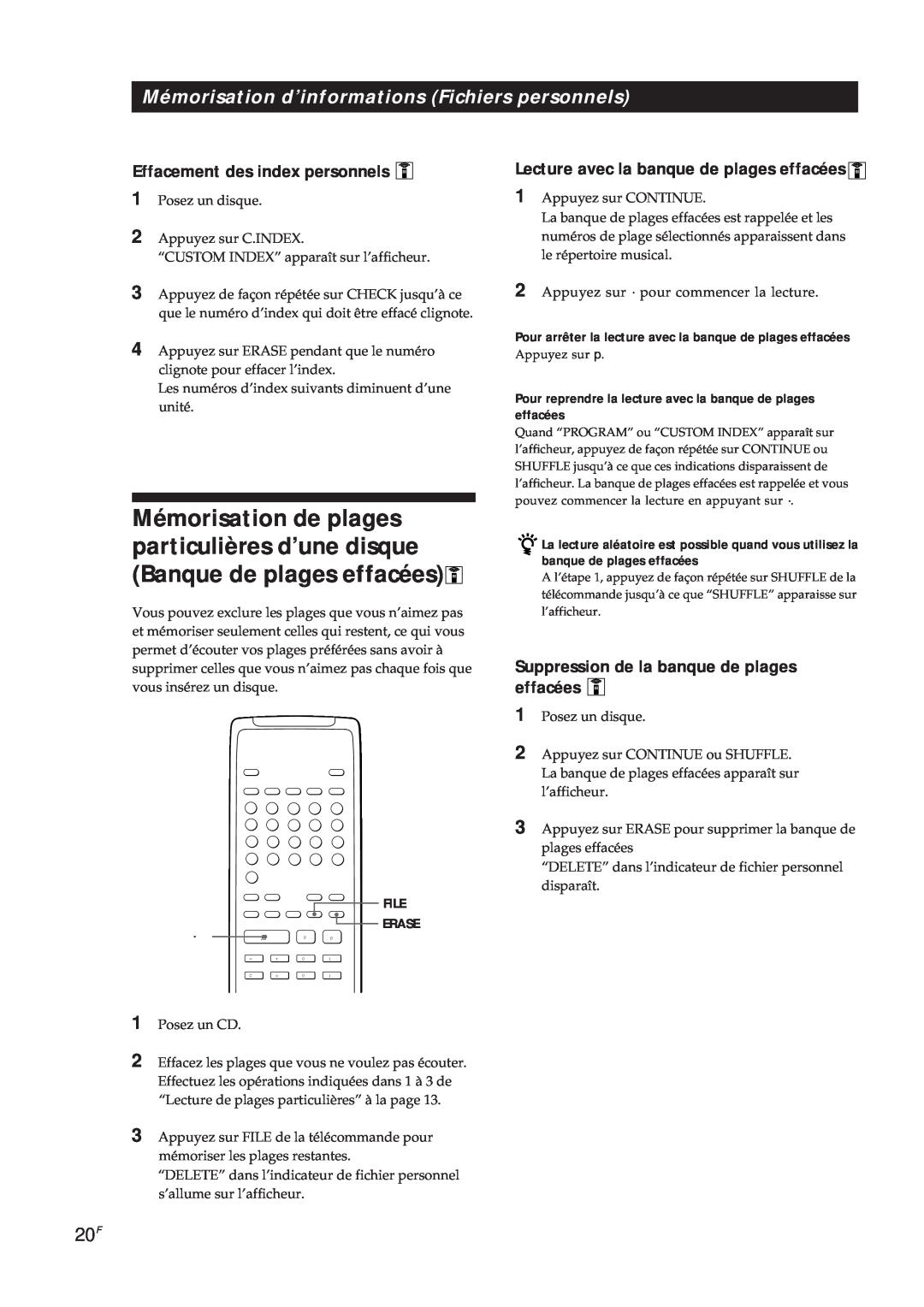 Sony CDP-X5000 manual Mémorisation d’informations Fichiers personnels, Effacement des index personnels 